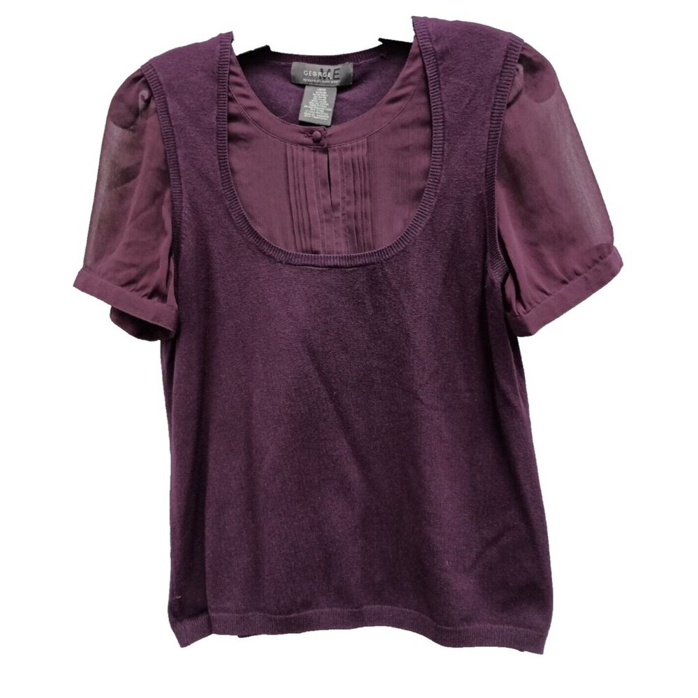 George Purple Women's Blouse Victorian collar button top sheer sleeves